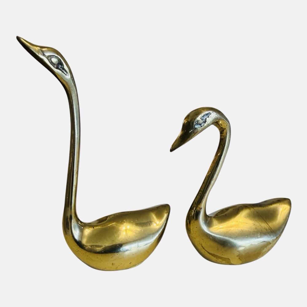 Vintage Brass Swan Pair MCM Regal Korea Paperweight